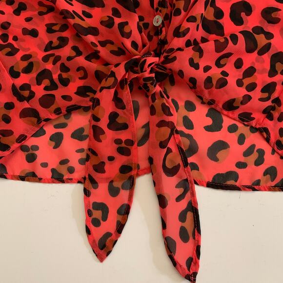DEB Sheer Pink Leopard Red Button Down High Low Blouse XS - Picture 2 of 12